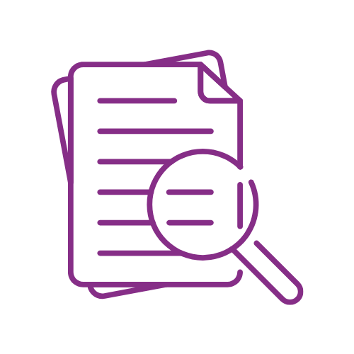 Purple icon of files with magnifying glass 